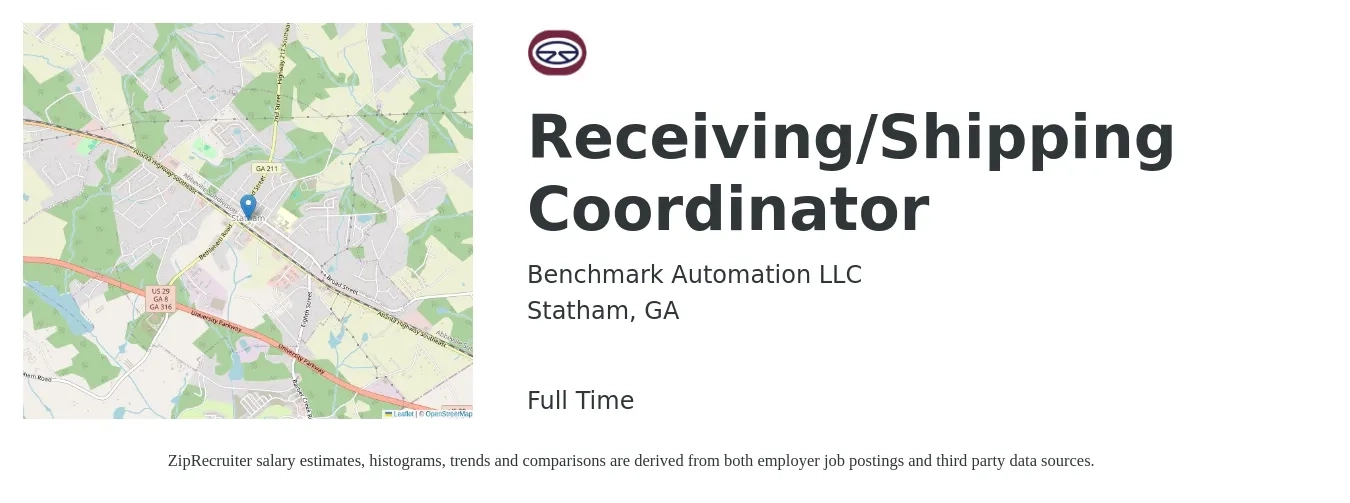 Benchmark Automation LLC job posting for a Receiving/Shipping Coordinator in Statham, GA with a salary of $17 to $22 Hourly with a map of Statham location.
