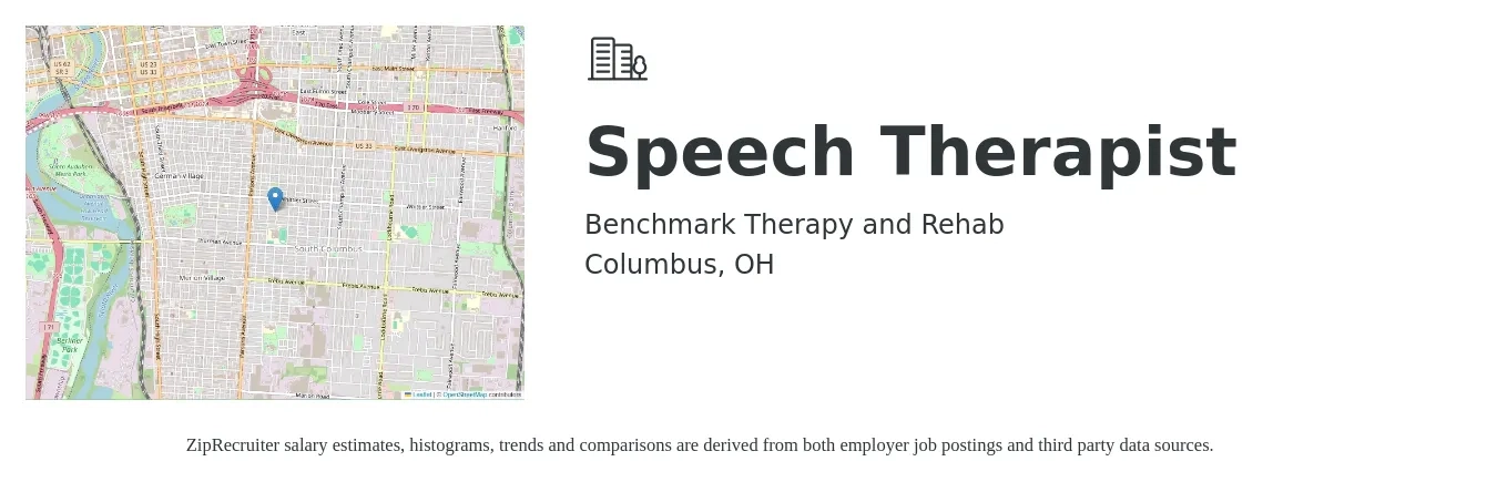 Benchmark Therapy and Rehab job posting for a Speech Therapist in Columbus, OH with a salary of $38 to $52 Hourly with a map of Columbus location.