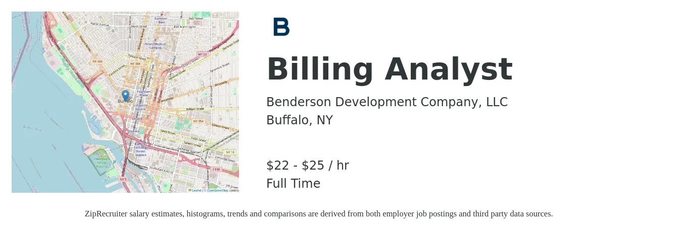 Benderson Development Company, LLC job posting for a Billing Analyst in Buffalo, NY with a salary of $23 to $27 Hourly with a map of Buffalo location.