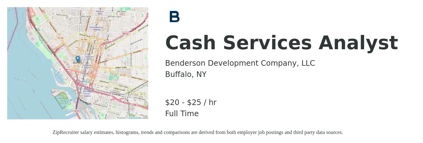 Benderson Development Company, LLC job posting for a Cash Services Analyst in Buffalo, NY with a salary of $21 to $27 Hourly with a map of Buffalo location.