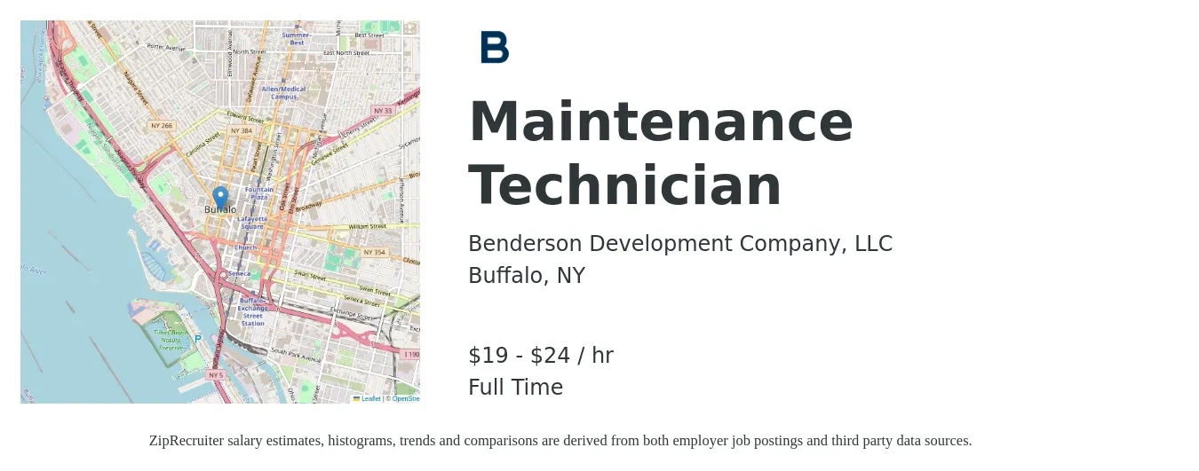 Benderson Development Company, LLC job posting for a Maintenance Technician in Buffalo, NY with a salary of $20 to $25 Hourly with a map of Buffalo location.