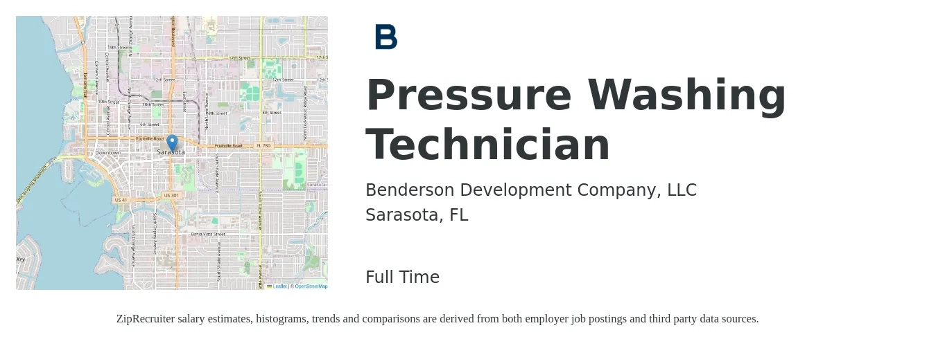 Benderson Development Company, LLC job posting for a Pressure Washing Technician in Sarasota, FL with a salary of $16 to $20 Hourly with a map of Sarasota location.