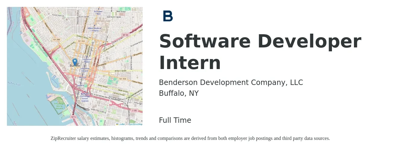 Benderson Development Company, LLC job posting for a Software Developer Intern in Buffalo, NY with a salary of $19 to $24 Hourly with a map of Buffalo location.