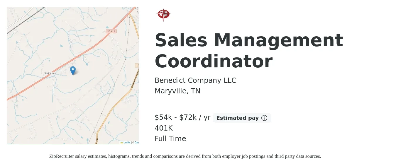 Benedict Company LLC job posting for a Sales Management Coordinator in Maryville, TN with a salary of $54,000 to $72,000 Yearly and benefits including 401k with a map of Maryville location.