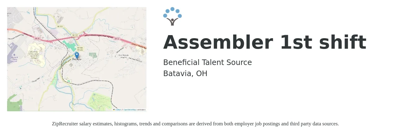 Beneficial Talent Source job posting for a Assembler 1st shift in Batavia, OH with a salary of $15 to $18 Hourly with a map of Batavia location.