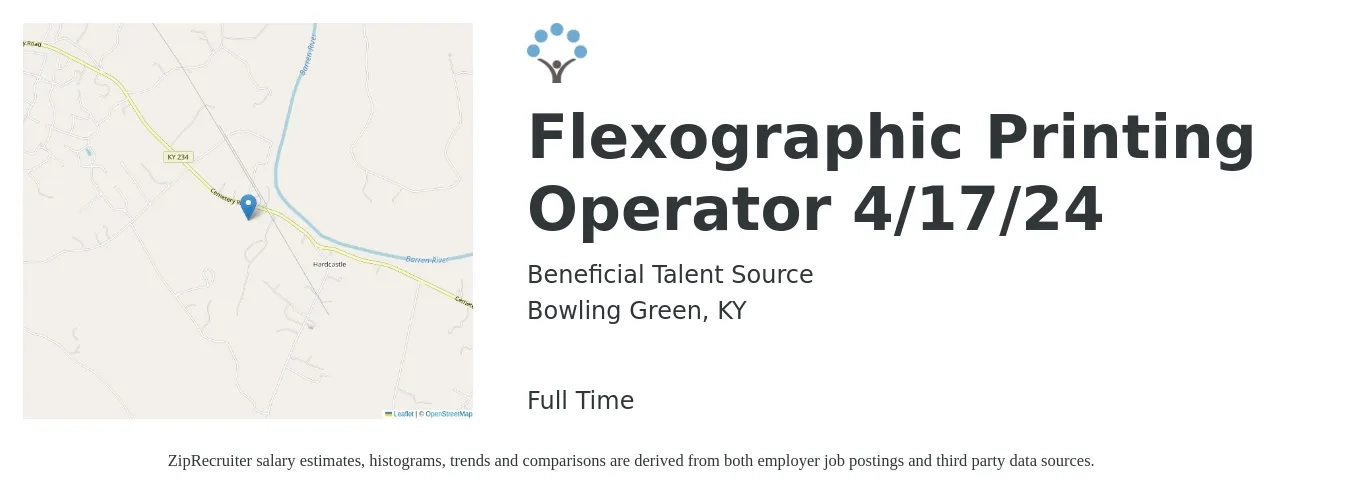 Beneficial Talent Source job posting for a Flexographic Printing Operator 4/17/24 in Bowling Green, KY with a salary of $21 to $28 Hourly with a map of Bowling Green location.