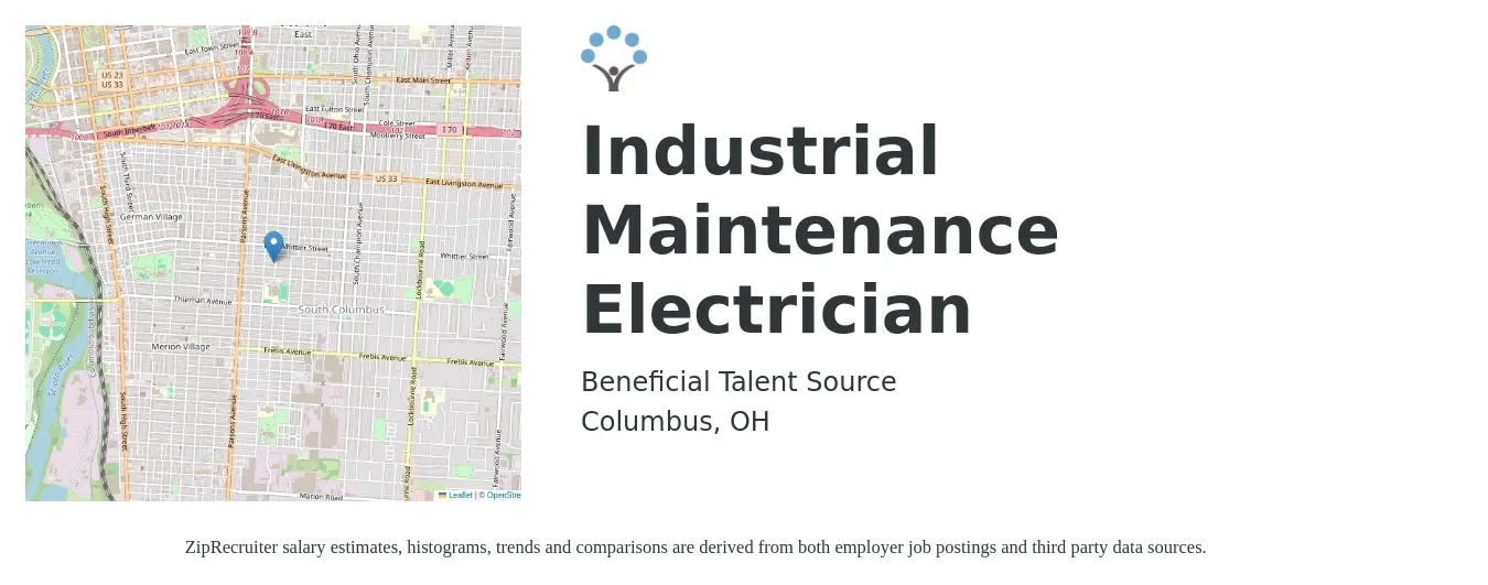 Beneficial Talent Source job posting for a Industrial Maintenance Electrician in Columbus, OH with a salary of $27 to $33 Hourly with a map of Columbus location.