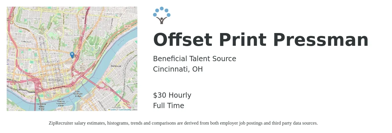Beneficial Talent Source job posting for a Offset Print Pressman in Cincinnati, OH with a salary of $32 Hourly with a map of Cincinnati location.