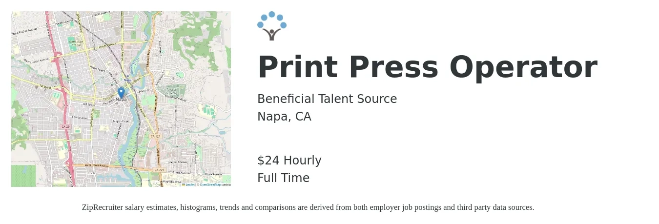 Beneficial Talent Source job posting for a Print Press Operator in Napa, CA with a salary of $25 Hourly with a map of Napa location.