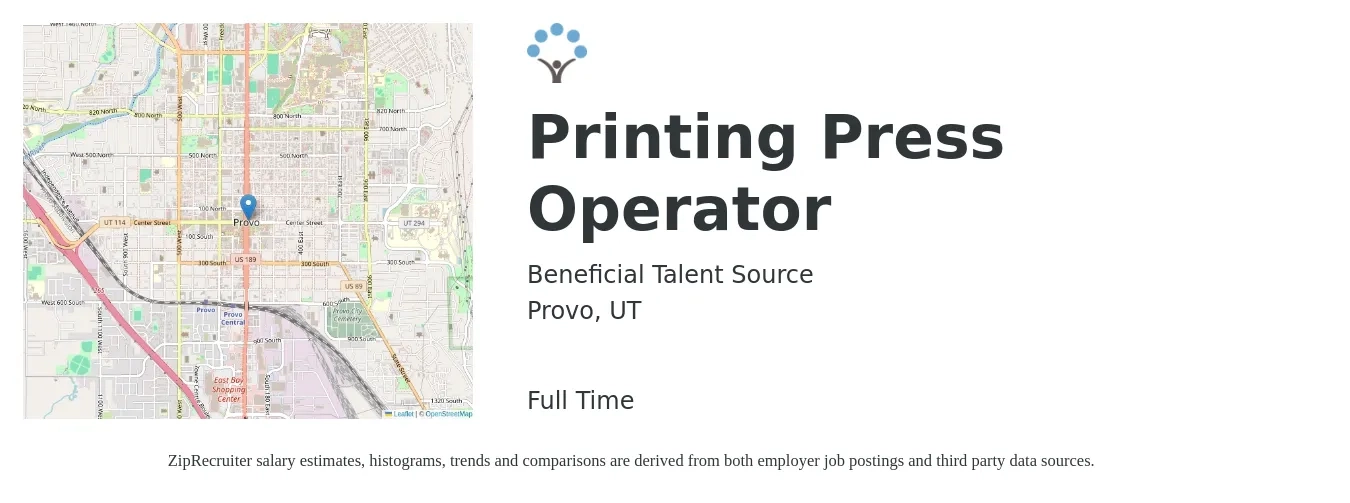 Beneficial Talent Source job posting for a Printing Press Operator in Provo, UT with a salary of $17 to $24 Hourly with a map of Provo location.