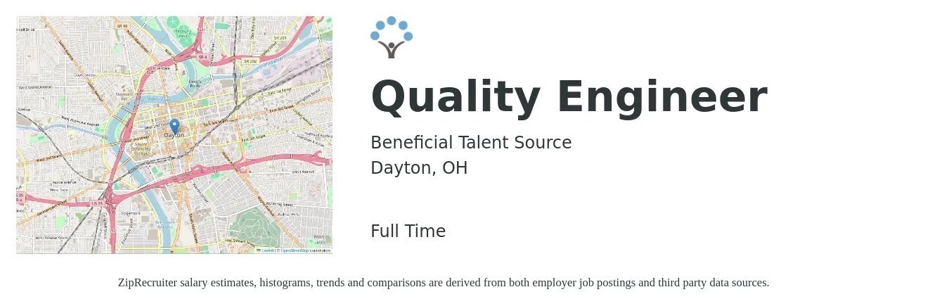 Beneficial Talent Source job posting for a Quality Engineer in Dayton, OH with a salary of $67,100 to $86,600 Yearly with a map of Dayton location.