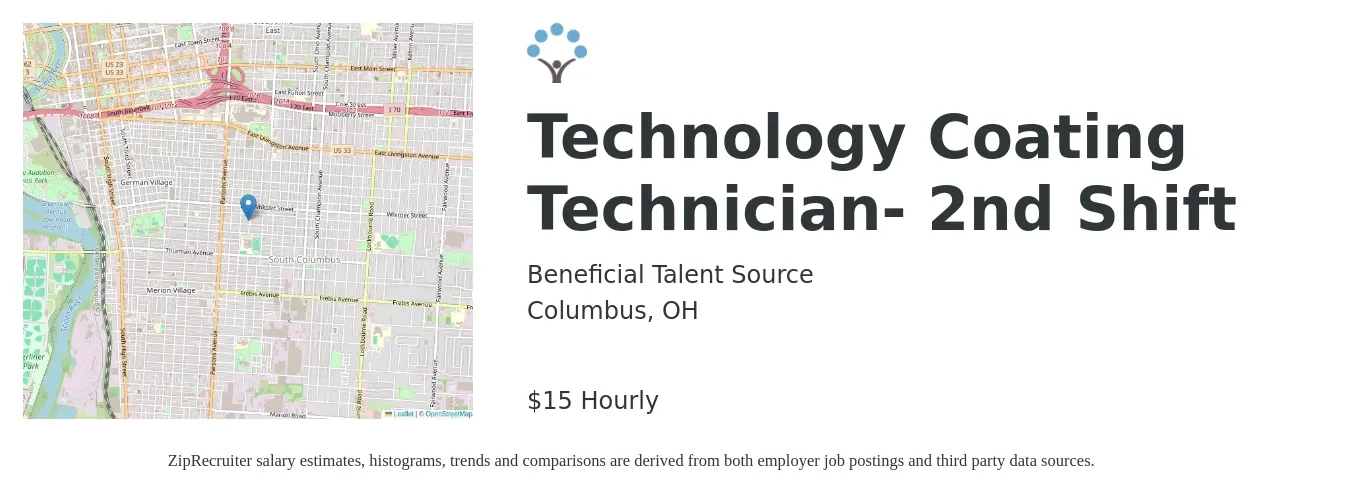 Beneficial Talent Source job posting for a Technology Coating Technician- 2nd Shift in Columbus, OH with a salary of $16 Hourly with a map of Columbus location.