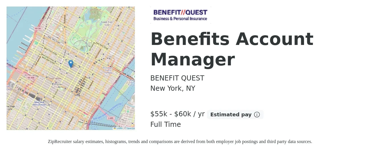 BENEFIT QUEST job posting for a Benefits Account Manager in New York, NY with a salary of $55,000 to $60,000 Yearly with a map of New York location.