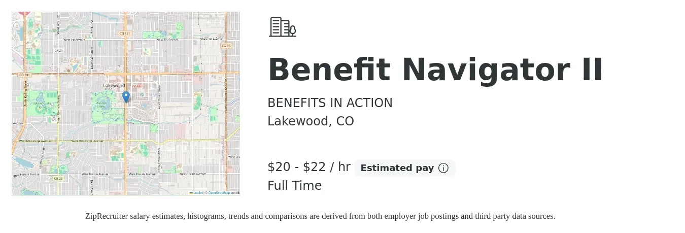 BENEFITS IN ACTION job posting for a Benefit Navigator II in Lakewood, CO with a salary of $21 to $23 Hourly with a map of Lakewood location.