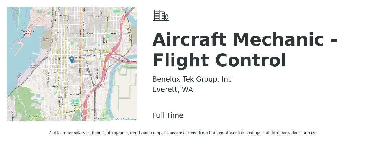 Benelux Tek Group Inc job posting for a Aircraft Mechanic - Flight Control in Everett, WA with a salary of $32 to $42 Hourly with a map of Everett location.