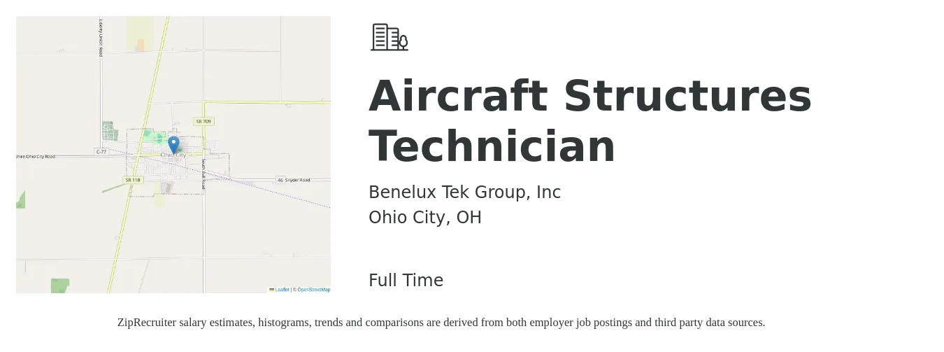 Benelux Tek Group, Inc job posting for a Aircraft Structures Technician in Ohio City, OH with a salary of $18 to $30 Hourly with a map of Ohio City location.
