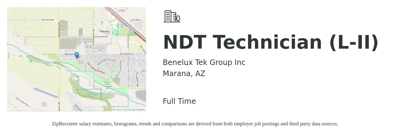 Benelux Tek Group Inc job posting for a NDT Technician (L-II) in Marana, AZ with a salary of $24 to $36 Hourly with a map of Marana location.
