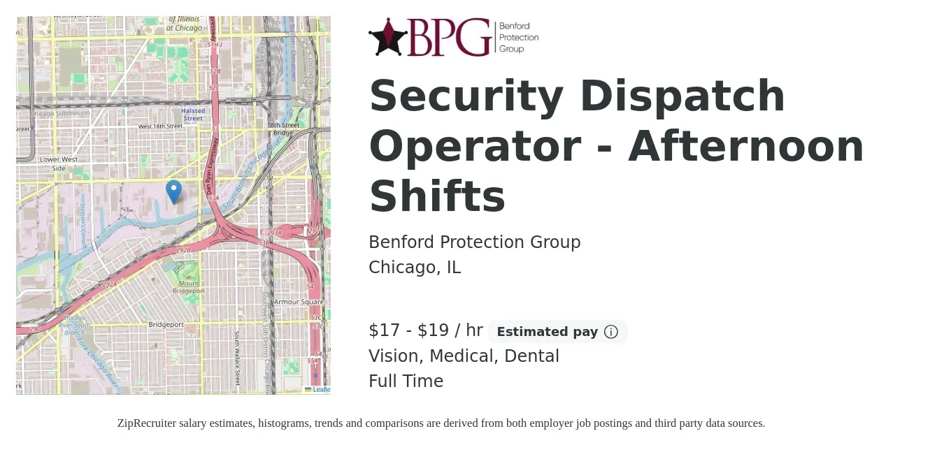 Benford Protection Group job posting for a Security Dispatch Operator - Afternoon Shifts in Chicago, IL with a salary of $18 to $20 Hourly and benefits including vision, dental, medical, pto, and retirement with a map of Chicago location.