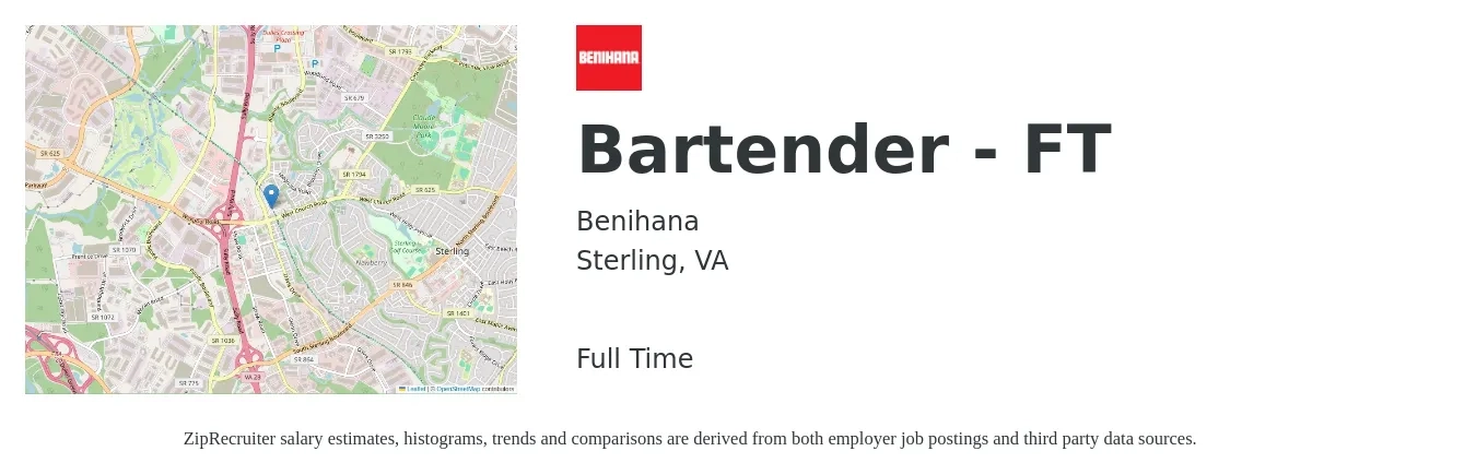 Benihana job posting for a Bartender - FT in Sterling, VA with a salary of $10 to $19 Hourly with a map of Sterling location.