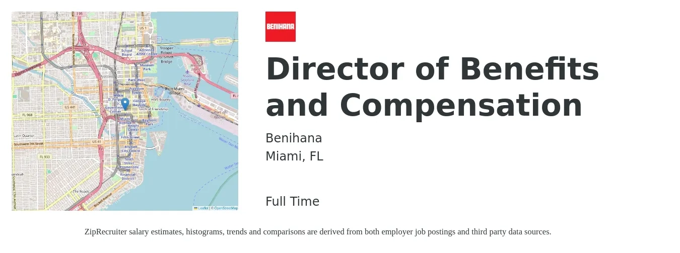 Benihana job posting for a Director of Benefits and Compensation in Miami, FL with a salary of $119,600 to $163,600 Yearly with a map of Miami location.