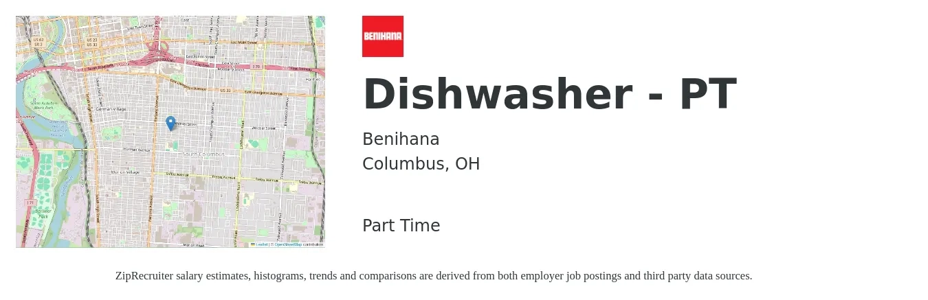 Benihana job posting for a Dishwasher - PT in Columbus, OH with a salary of $12 to $16 Hourly with a map of Columbus location.