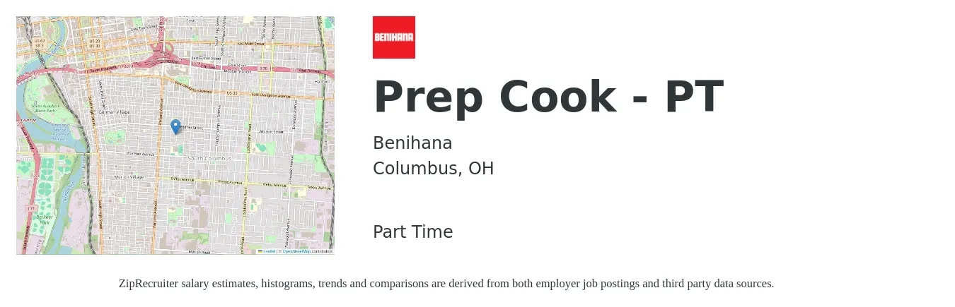 Benihana job posting for a Prep Cook - PT in Columbus, OH with a salary of $14 to $17 Hourly with a map of Columbus location.