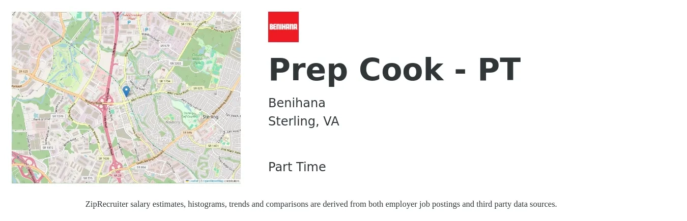 Benihana job posting for a Prep Cook - PT in Sterling, VA with a salary of $14 to $18 Hourly with a map of Sterling location.