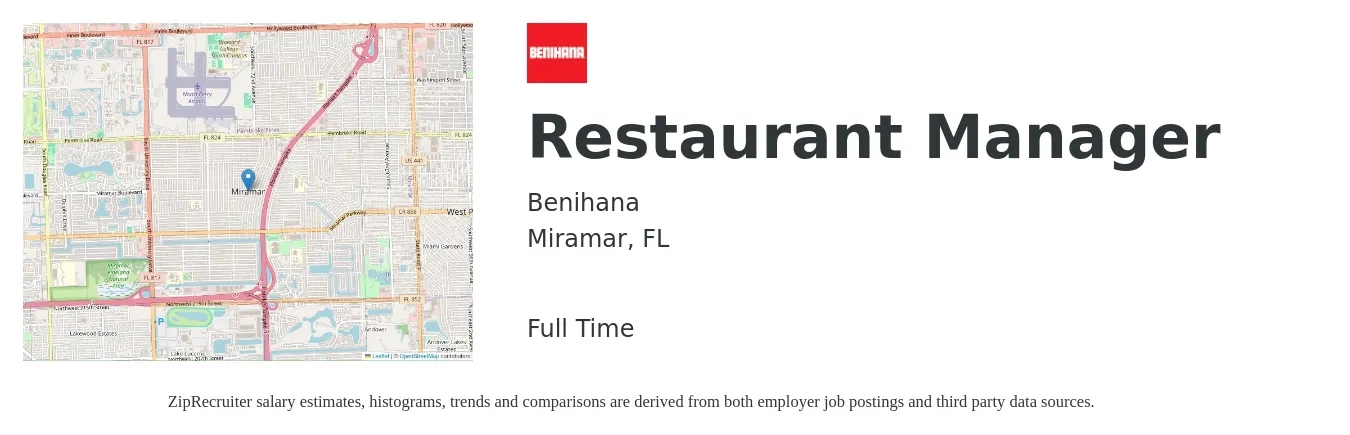 Benihana job posting for a Restaurant Manager in Miramar, FL with a salary of $41,700 to $58,800 Yearly with a map of Miramar location.