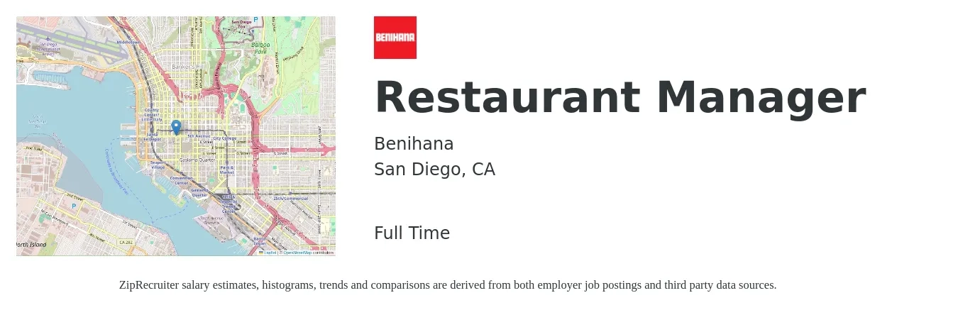 Benihana job posting for a Restaurant Manager in San Diego, CA with a salary of $68,000 to $75,000 Yearly with a map of San Diego location.