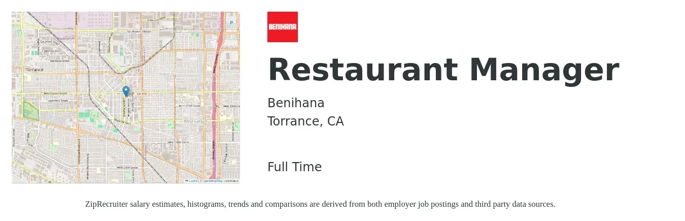 Benihana job posting for a Restaurant Manager in Torrance, CA with a salary of $68,000 to $75,000 Yearly with a map of Torrance location.