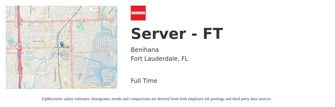 Benihana job posting for a Server - FT in Fort Lauderdale, FL with a salary of $10 to $17 Hourly with a map of Fort Lauderdale location.