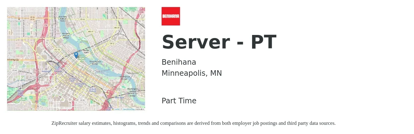Benihana job posting for a Server - PT in Minneapolis, MN with a salary of $11 to $19 Hourly with a map of Minneapolis location.