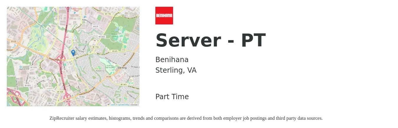 Benihana job posting for a Server - PT in Sterling, VA with a salary of $11 to $18 Hourly with a map of Sterling location.