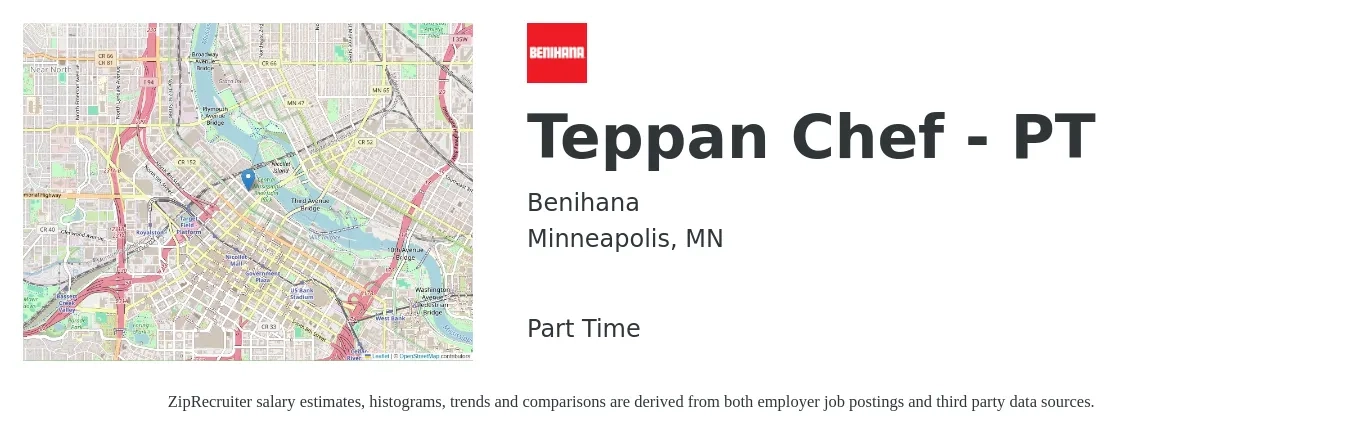 Benihana job posting for a Teppan Chef - PT in Minneapolis, MN with a salary of $18 to $34 Hourly with a map of Minneapolis location.