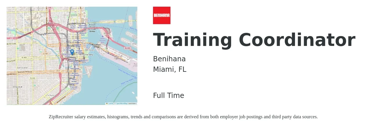 Benihana job posting for a Training Coordinator in Miami, FL with a salary of $22 to $32 Hourly with a map of Miami location.