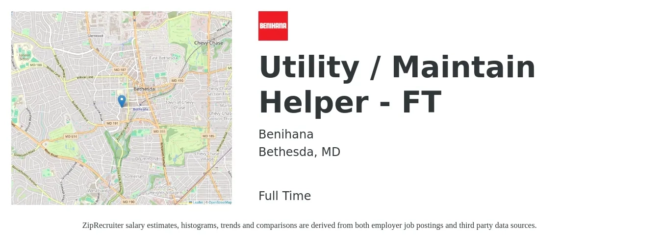 Benihana job posting for a Utility / Maintain Helper - FT in Bethesda, MD with a salary of $17 to $25 Hourly with a map of Bethesda location.