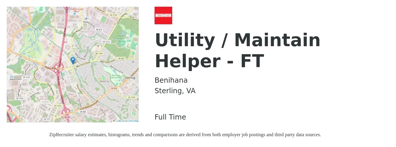 Benihana job posting for a Utility / Maintain Helper - FT in Sterling, VA with a salary of $16 to $24 Hourly with a map of Sterling location.