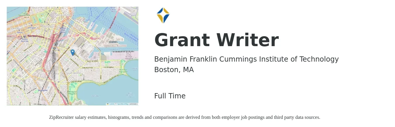 Benjamin Franklin Cummings Institute of Technology job posting for a Grant Writer in Boston, MA with a salary of $56,700 to $80,100 Yearly with a map of Boston location.