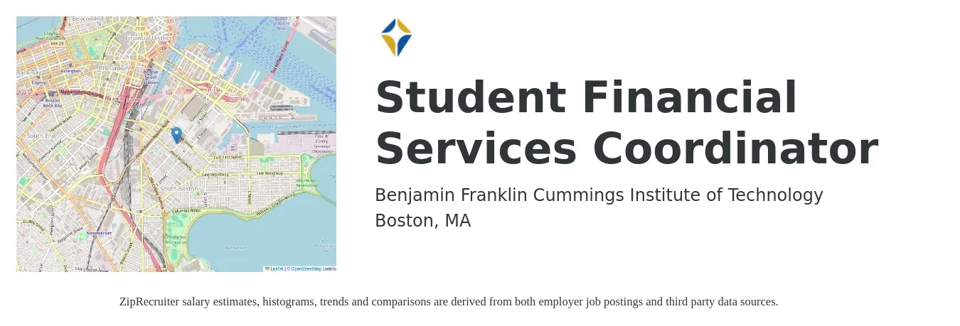 Benjamin Franklin Cummings Institute of Technology job posting for a Student Financial Services Coordinator in Boston, MA with a salary of $44,500 to $62,500 Yearly with a map of Boston location.