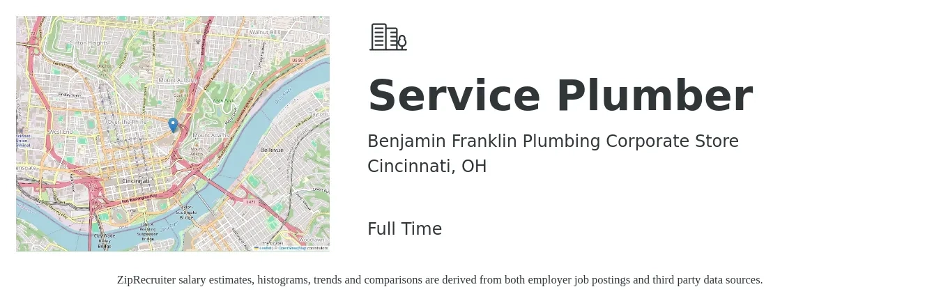 Benjamin Franklin Plumbing Corporate Store job posting for a Service Plumber in Cincinnati, OH with a salary of $25 to $36 Hourly with a map of Cincinnati location.