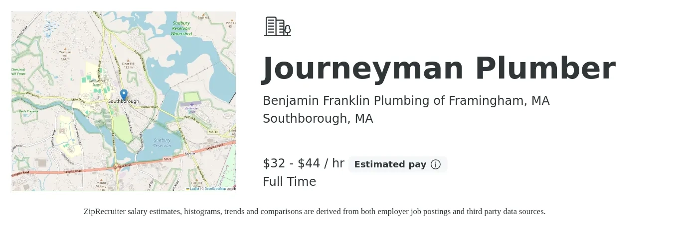 Benjamin Franklin Plumbing of Framingham, MA job posting for a Journeyman Plumber in Southborough, MA with a salary of $34 to $46 Hourly with a map of Southborough location.