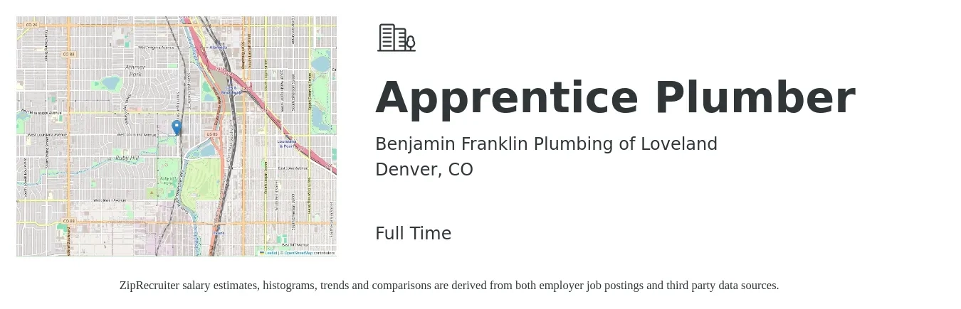 Benjamin Franklin Plumbing of Loveland job posting for a Apprentice Plumber in Denver, CO with a salary of $17 to $35 Hourly with a map of Denver location.
