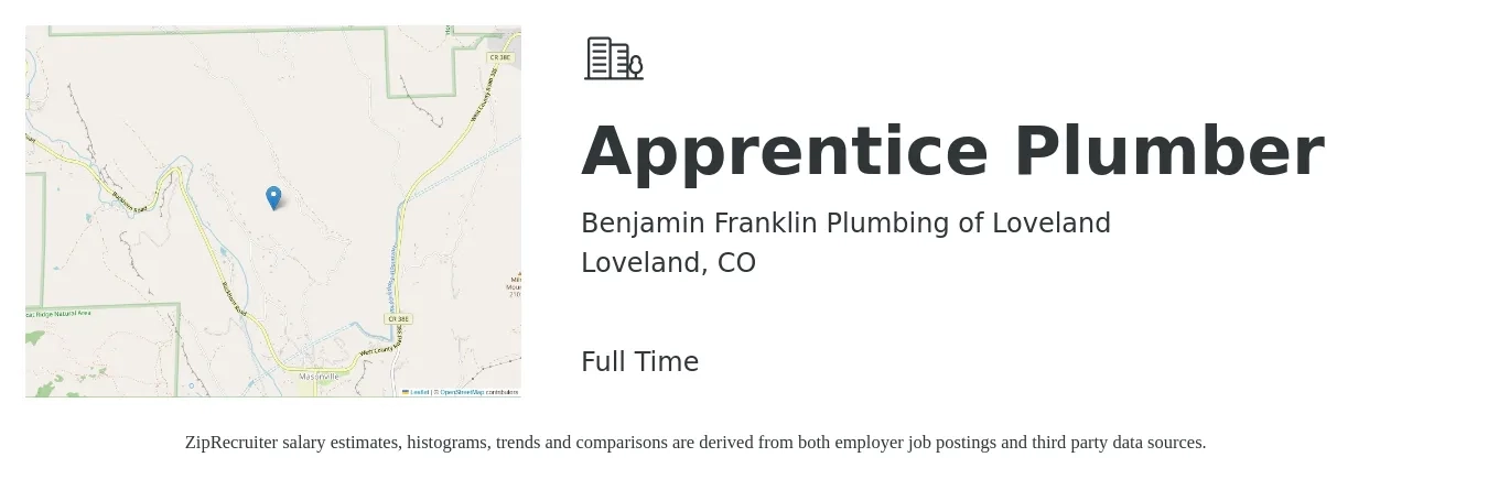 Benjamin Franklin Plumbing of Loveland job posting for a Apprentice Plumber in Loveland, CO with a salary of $17 to $35 Hourly with a map of Loveland location.