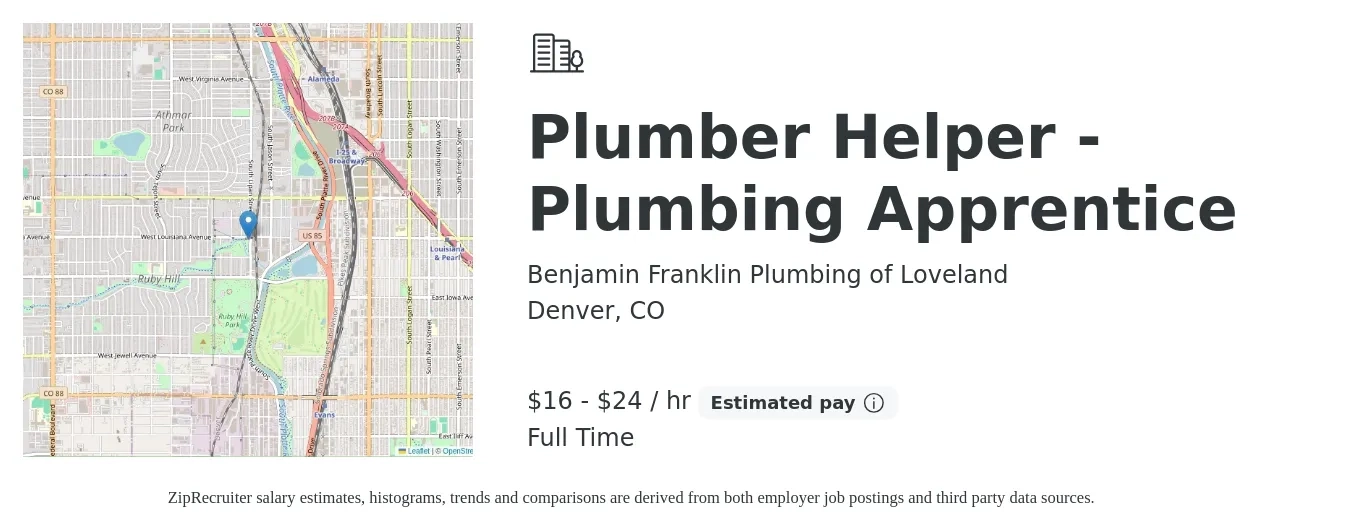 Benjamin Franklin Plumbing of Loveland job posting for a Plumber Helper - Plumbing Apprentice in Denver, CO with a salary of $17 to $25 Hourly with a map of Denver location.