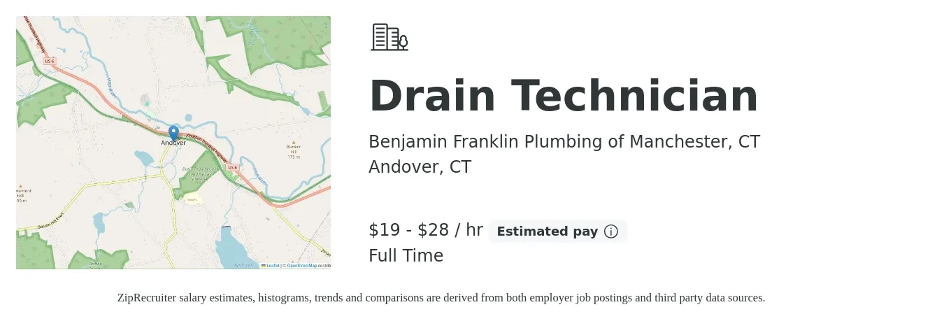 Benjamin Franklin Plumbing of Manchester, CT job posting for a Drain Technician in Andover, CT with a salary of $20 to $30 Hourly with a map of Andover location.