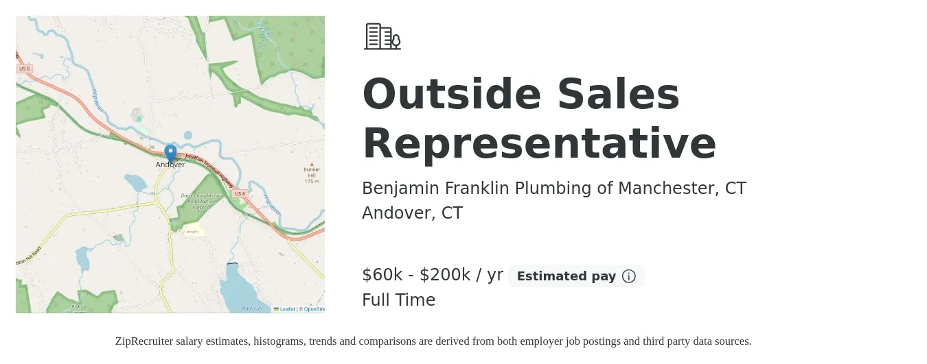 Benjamin Franklin Plumbing of Manchester, CT job posting for a Outside Sales Representative in Andover, CT with a salary of $60,000 to $200,000 Yearly with a map of Andover location.