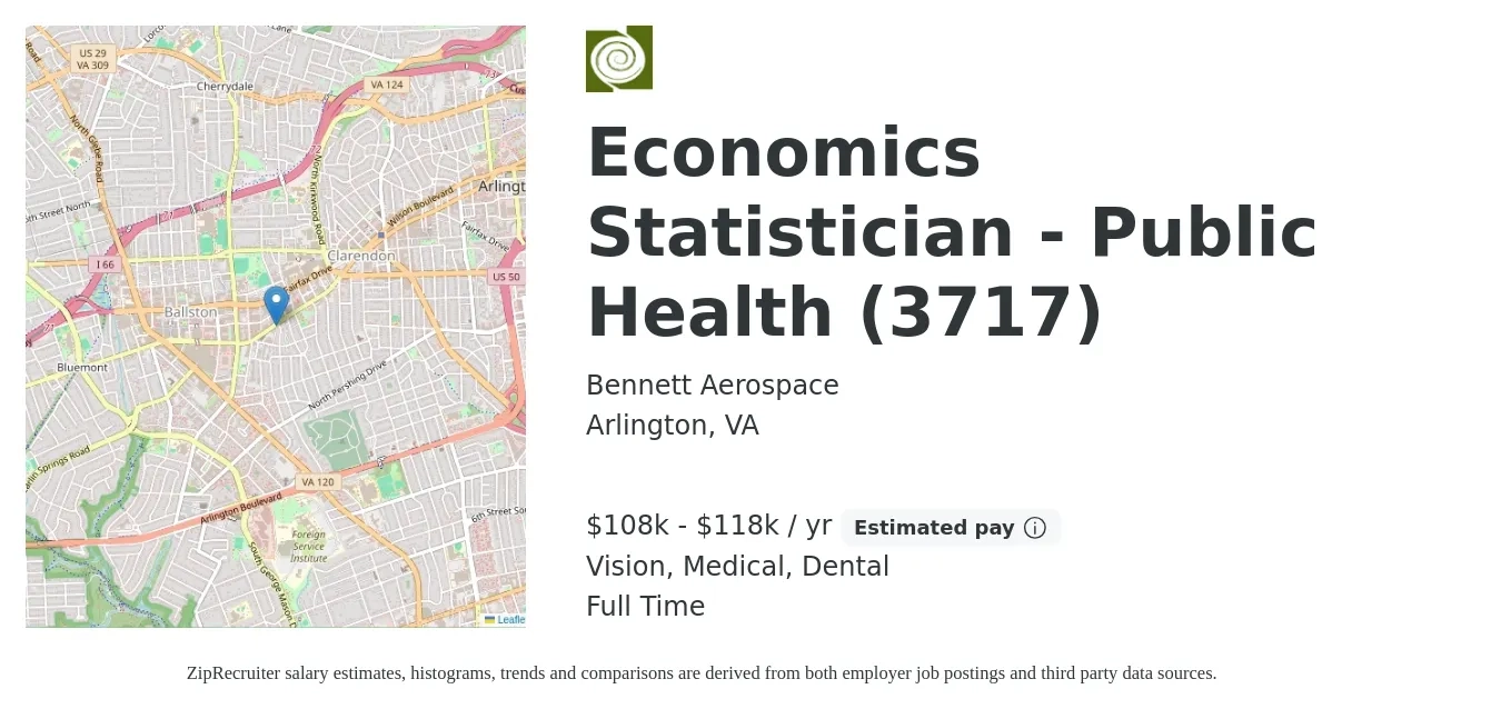 Bennett Aerospace job posting for a Economics Statistician - Public Health (3717) in Arlington, VA with a salary of $108,000 to $118,000 Yearly and benefits including life_insurance, medical, retirement, vision, and dental with a map of Arlington location.