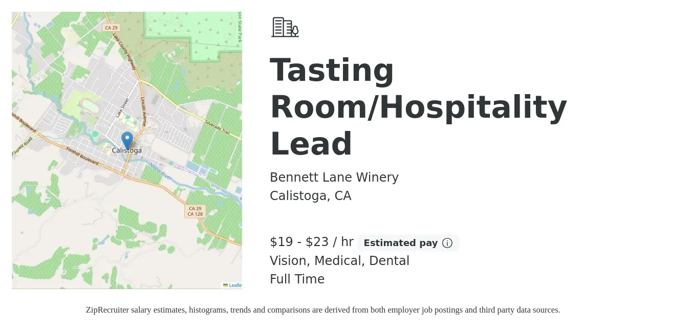 Bennett Lane Winery job posting for a Tasting Room/Hospitality Lead in Calistoga, CA with a salary of $20 to $24 Hourly (plus commission) and benefits including dental, life_insurance, medical, pto, retirement, and vision with a map of Calistoga location.