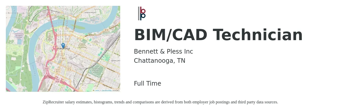Bennett & Pless Inc job posting for a BIM/CAD Technician in Chattanooga, TN with a salary of $20 to $29 Hourly with a map of Chattanooga location.