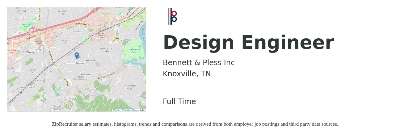 Bennett & Pless Inc job posting for a Design Engineer in Knoxville, TN with a salary of $64,900 to $94,000 Yearly with a map of Knoxville location.